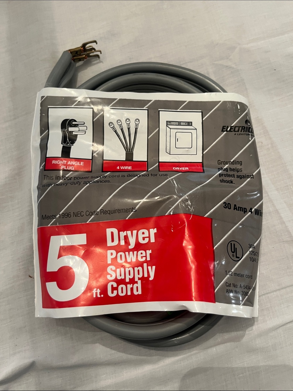 5 ft. Gray Dryer Power Supply Cord - 30 Amp 4-Wire